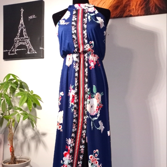 Long blue flora summer dress with sexy modest front slit. Sz s three pink hearts - Picture 1 of 8